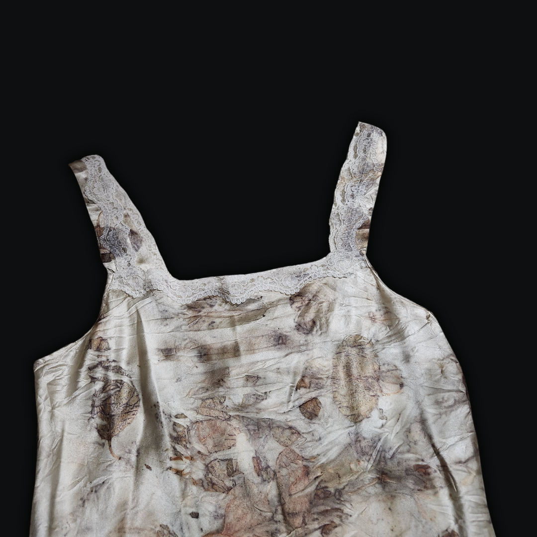 Eco-Printed Vintage Olga Silk Slip Dress w/ Lace Trim