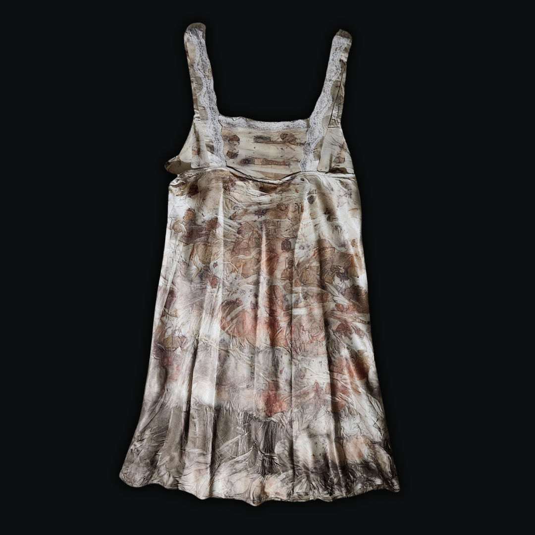 Eco-Printed Vintage Olga Silk Slip Dress w/ Lace Trim