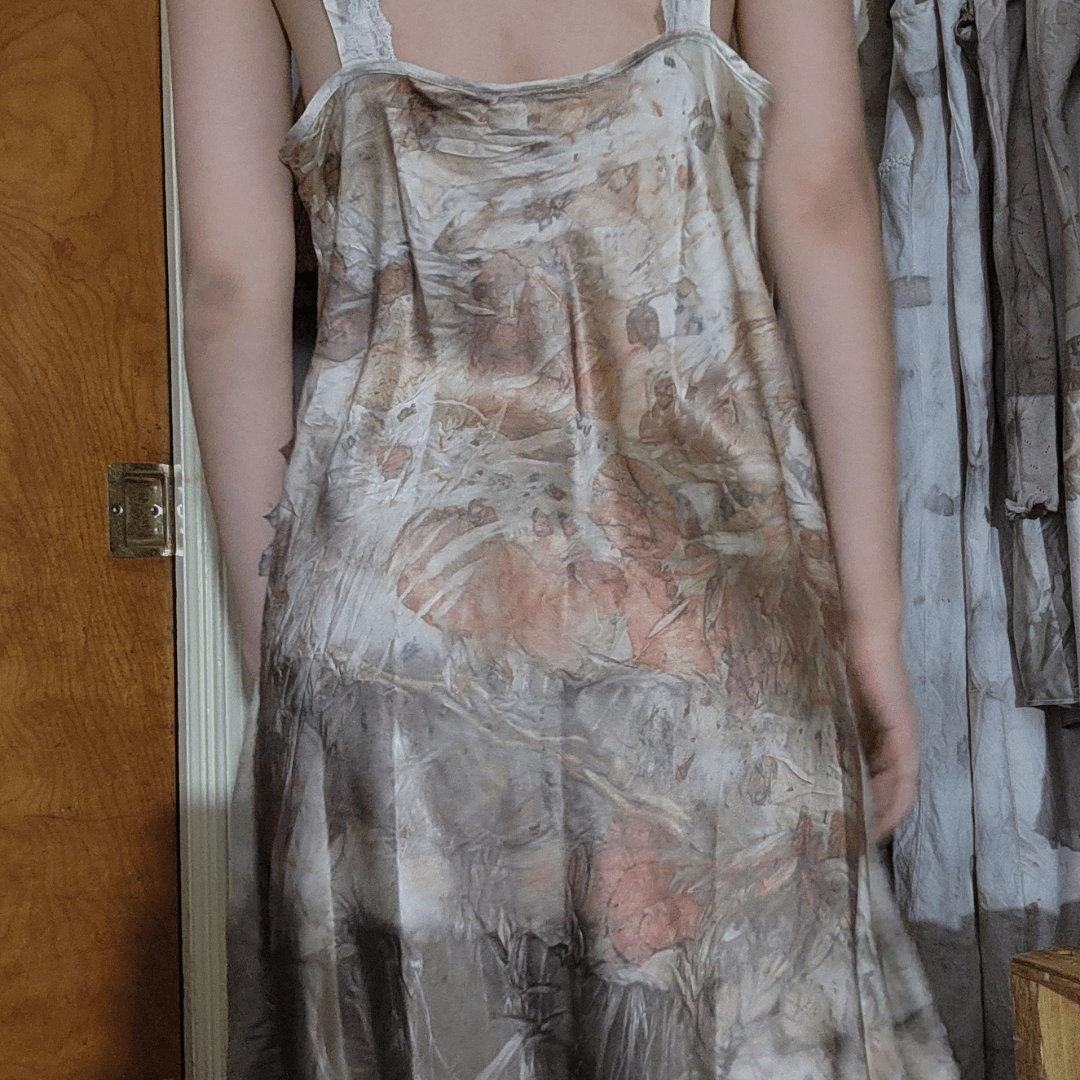 Eco-Printed Vintage Olga Silk Slip Dress w/ Lace Trim-Dress/Slip-Rune Root